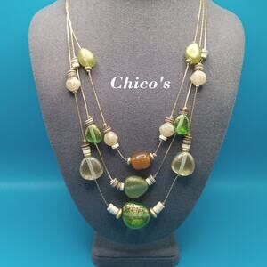Chico's Three Strand Green Beige Gold Bead Necklace, Gold Tone Chain, 22 Inches